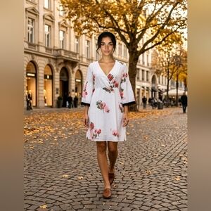 Candie’s Floral Babydoll Dress White Pink V-Neck Lace Sleeve M